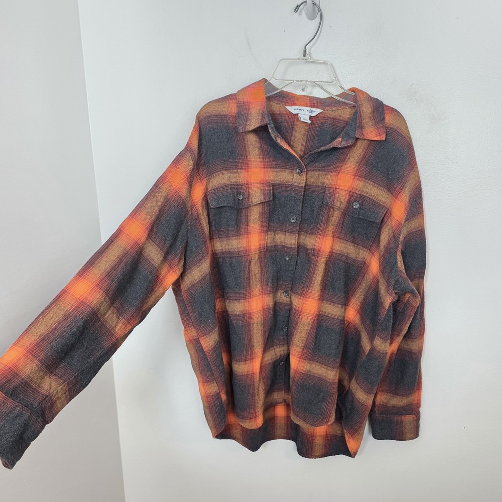 Old Navy Gray Orange The Boyfriend Evermore Flannel Button Up Plaid Taylor Sz L
